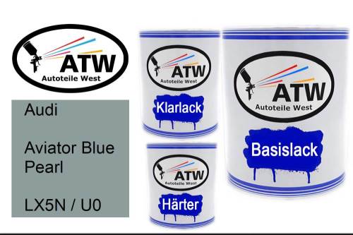 Audi, Aviator Blue Pearl, LX5N / U0: 1L Lackdose + 1L Klarlack + 500ml Härter - Set, von ATW Autoteile West.